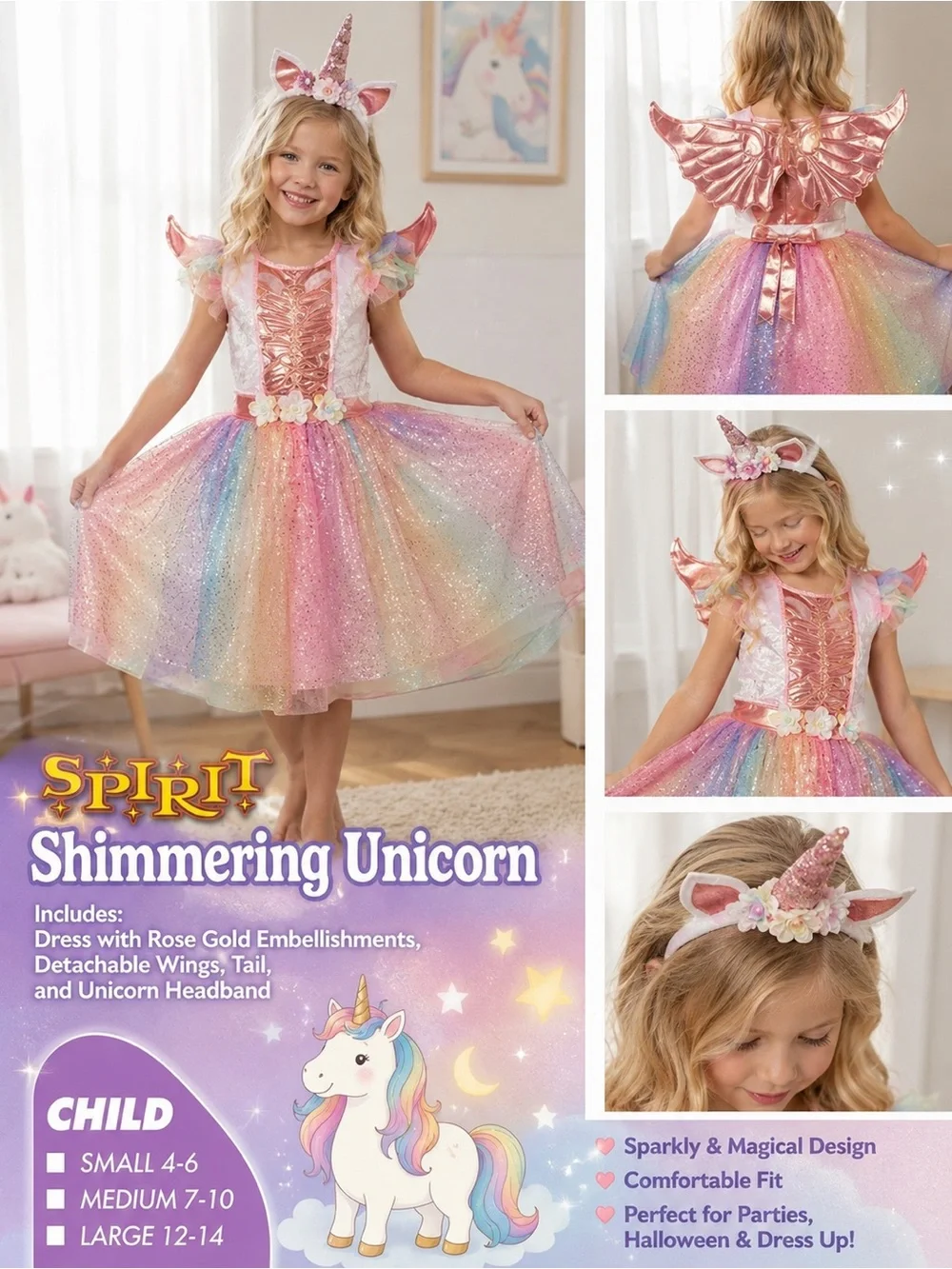 Spirit Shimmering Unicorn Costume Girls’ Dress-Up Costume with Wings & Headband